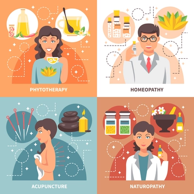 Alternative medicine 2x2 concept set of homeopathy phytotherapy naturopathy acupuncture  flat design compositions vector illustration