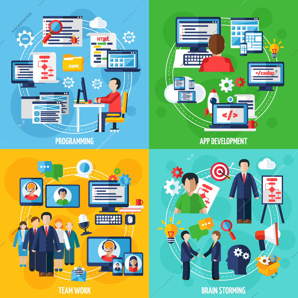 Programmer 2x2 design concept set of programming app development team work and brain storming icons compositions flat vector illustration