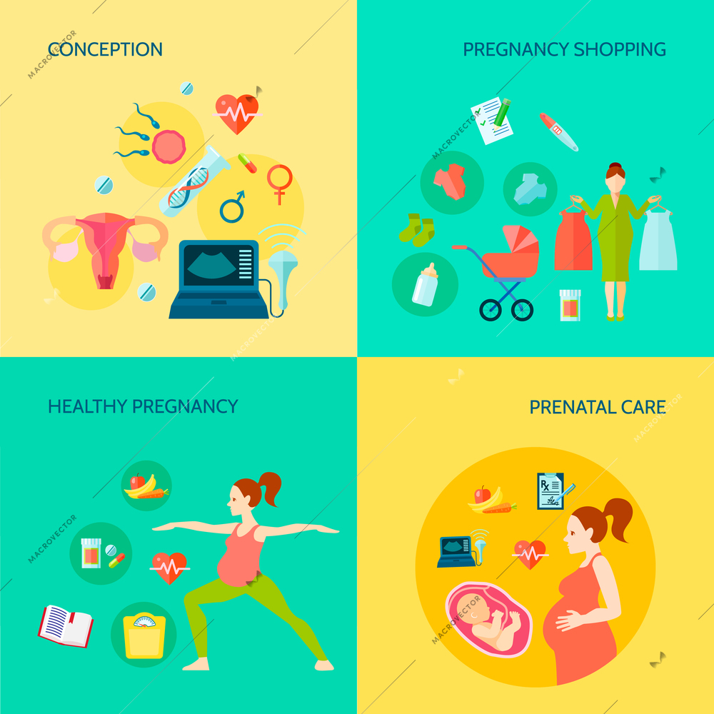 Pregnancy concept icons set with conception and prenatal care symbols flat isolated vector illustration
