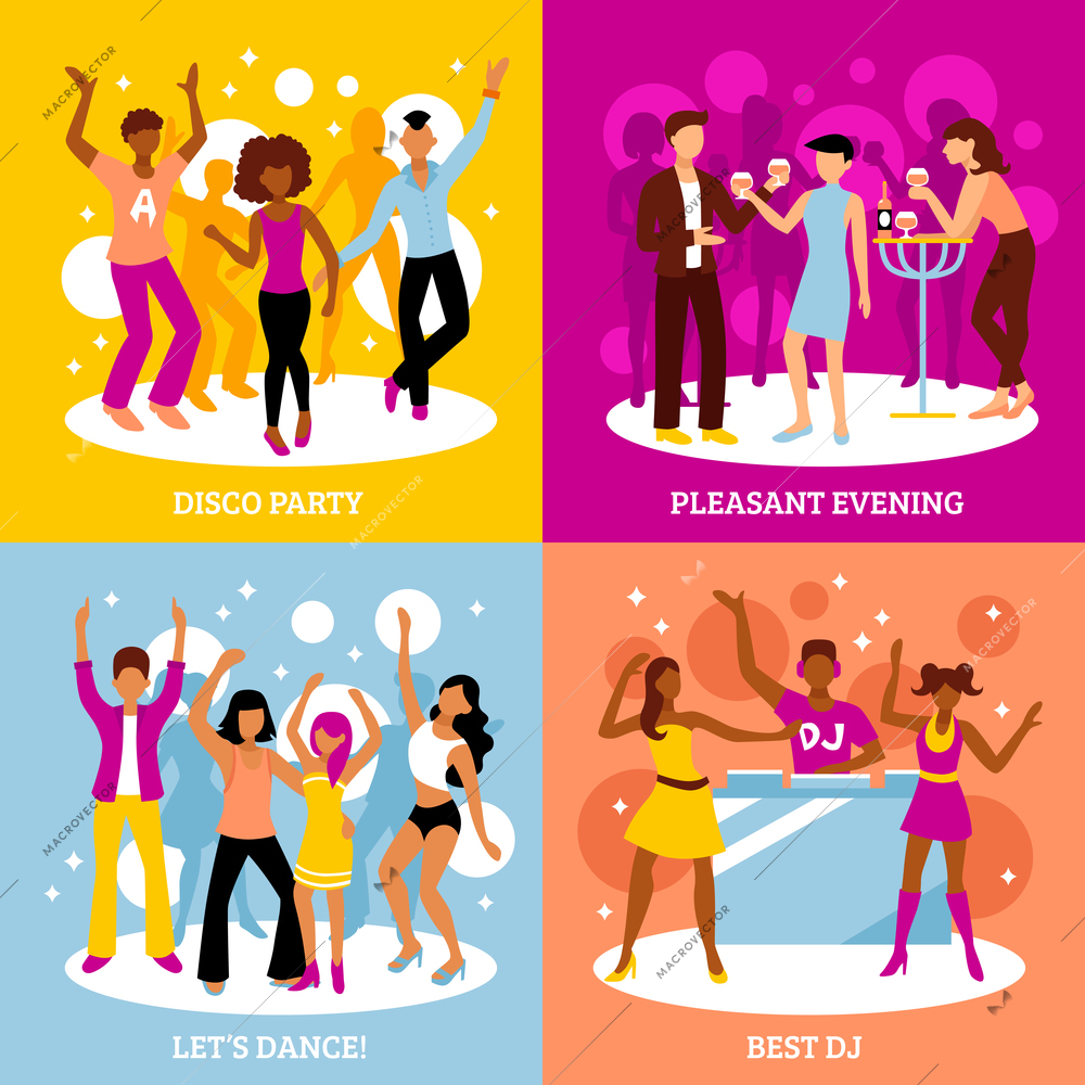 Disco party concept icons set with dancing and pleasant evening symbols flat isolated vector illustration