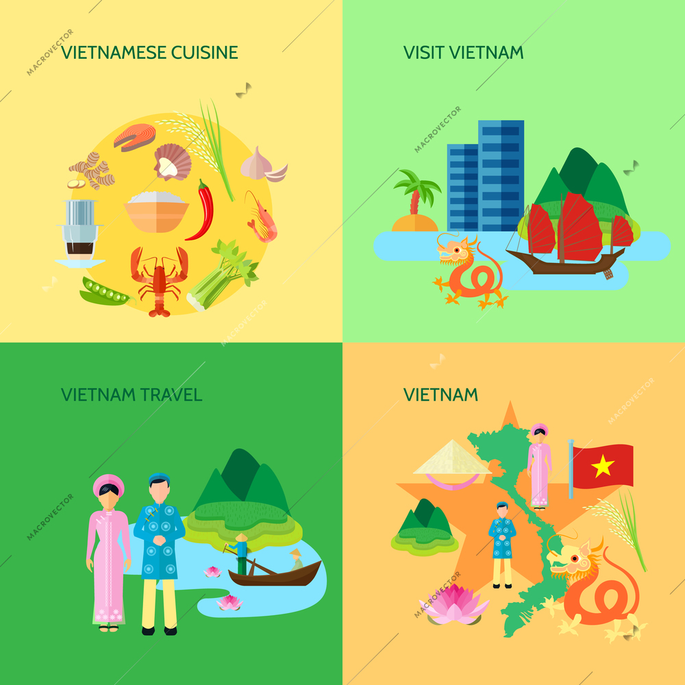 Vietnamese national cuisine culture and sightseeing for travelers 4 flat icons square poster abstract isolated vector illustration