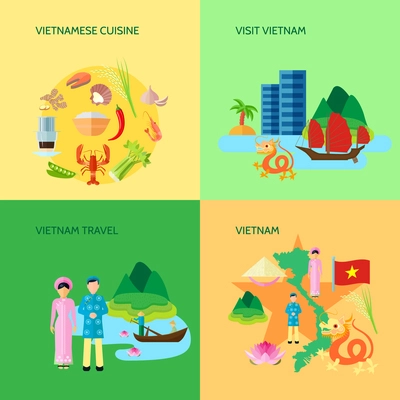 Vietnamese national cuisine culture and sightseeing for travelers 4 flat icons square poster abstract isolated vector illustration