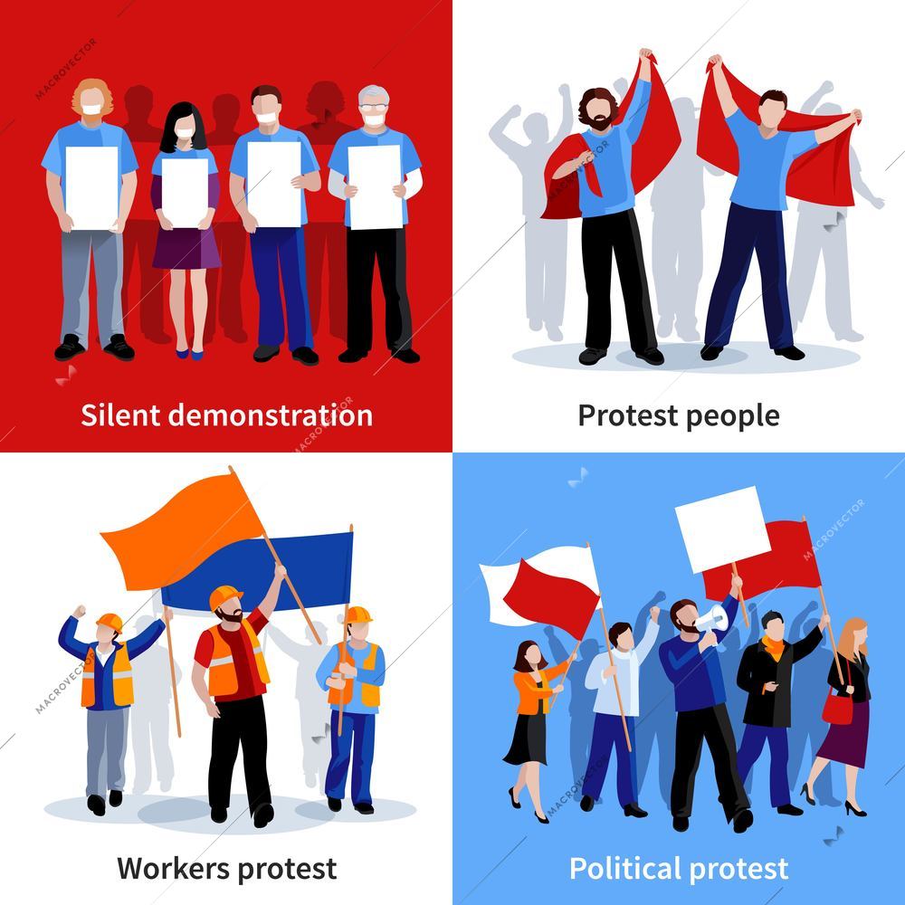 Silent demonstration and political protest people with placards megaphones and flags 2x2 icons set flat isolated vector illustration