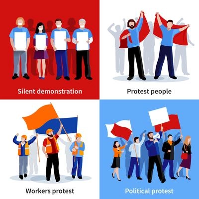 Silent demonstration and political protest people with placards megaphones and flags 2x2 icons set flat isolated vector illustration