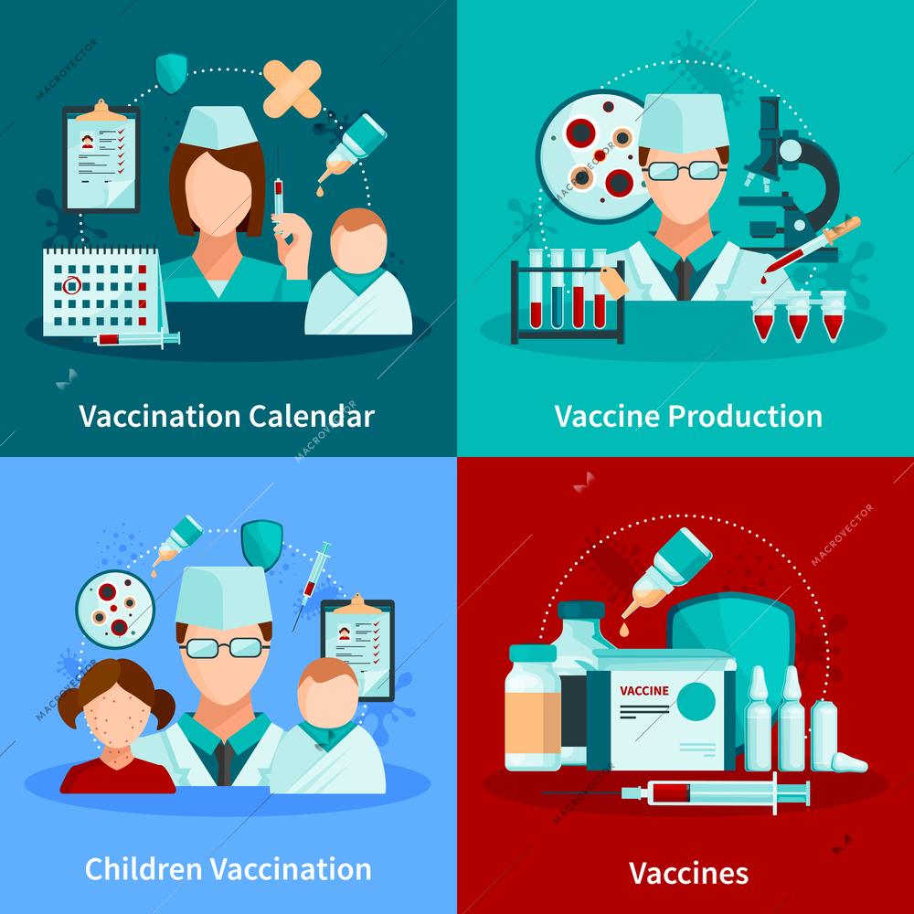 Vaccination flat 2x2 design concept with vaccination calendar and set of medical tools and vaccine products vector illustration