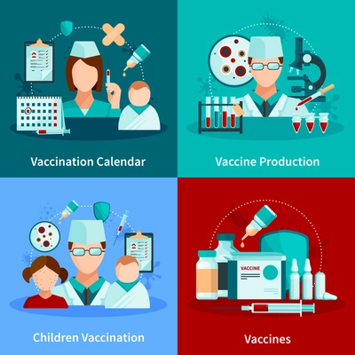 Vaccination flat 2x2 design concept with vaccination calendar and set of medical tools and vaccine products vector illustration