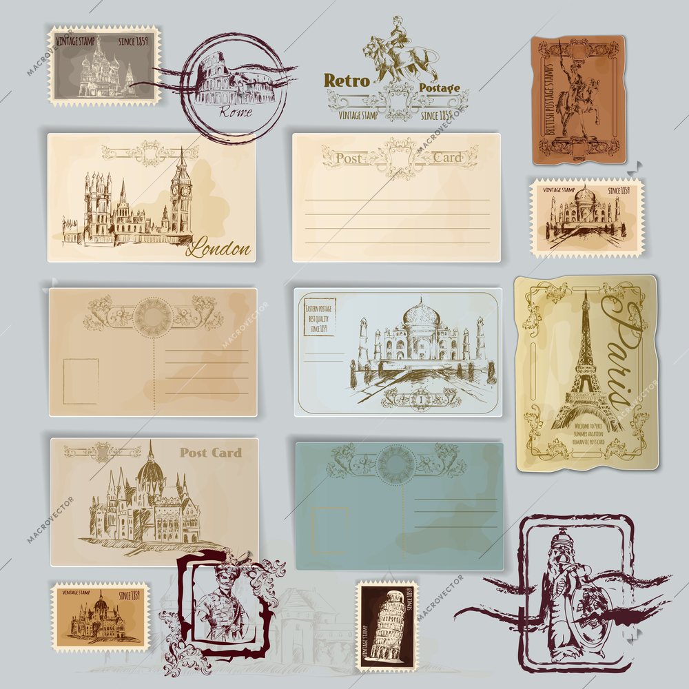 Vintage travel postcards and post stamps template set vector illustration