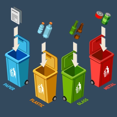 Waste management isometric concept with different colored recycle bins for garbage separation vector illustration