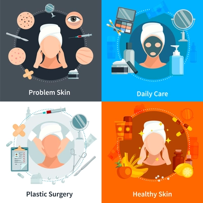 Skin care 2x2 flat concept set with problem skin daily care and plastic surgery design compositions vector illustration