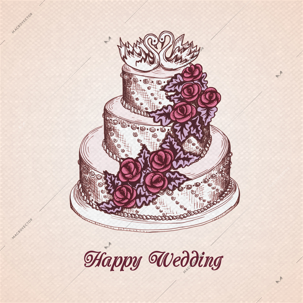 Happy wedding greeting card with cake decorated with cream flower garland and swans vector illustration