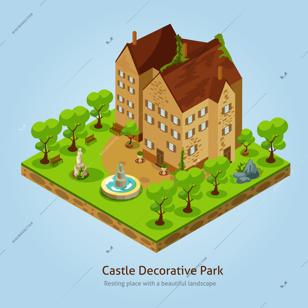 Isometric castle with decorative park landscape design concept vector illustration