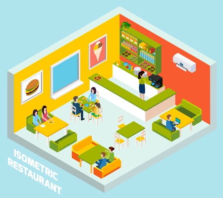 Fast food restaurant interior with burger and ice cream posters on the wall isometric abstract vector illustration