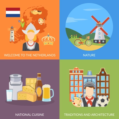 Colorful netherlands 2x2 flat icons set depicting dutch symbols nature national cuisine and architecture isolated vector illustration