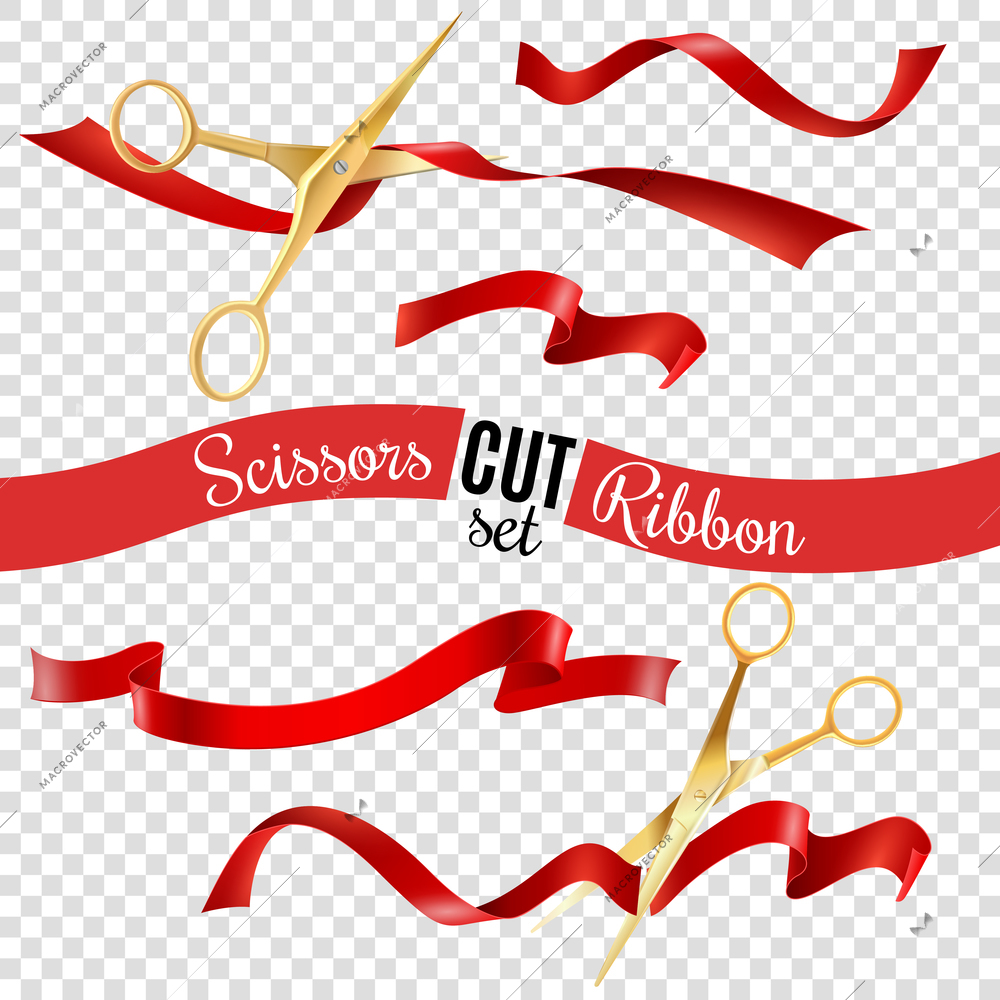 Golden scissors and ribbon transparent set with opening ceremony symbols realistic isolated vector illustration