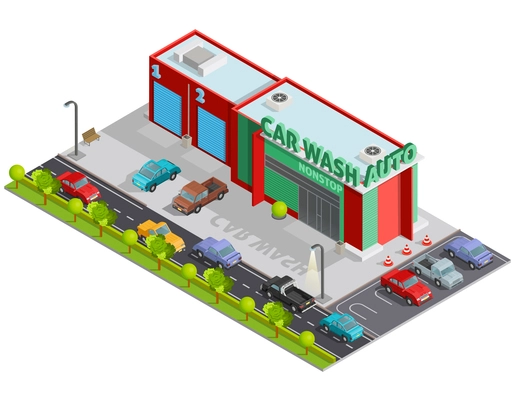 Isometric poster of composition contains car wash building and  parking behind it with customers cars vector illustration