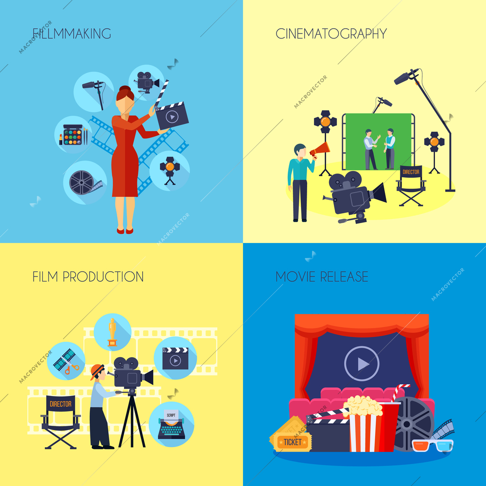 Filmmaking concept 4 flat icons square with movie director with loudspeaker and cameraman abstract isolated vector illustration