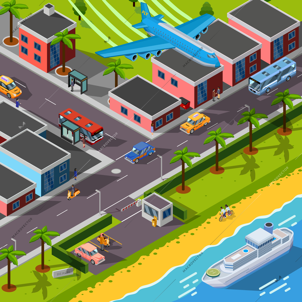 Isometric top view transport concept with  airplane ship cars and city  automobiles on city landscape background vector illustration