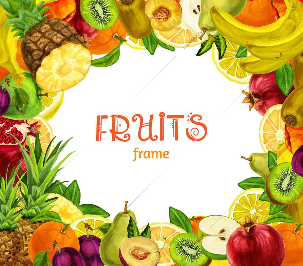 Natural exotic fruits collection frame with pineapple kiwi banana pomegranate pear orange vector illustration