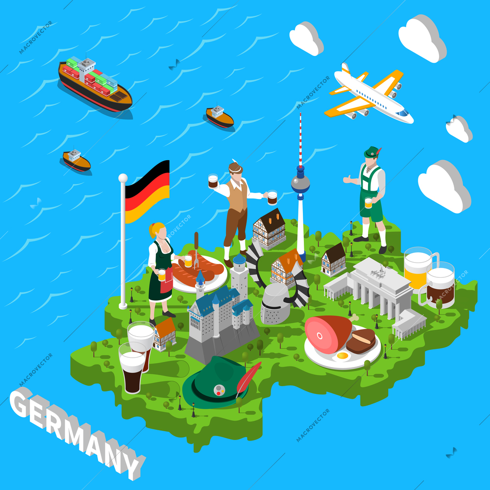 Germany isometric cultural sightseeing map for tourists with traditional national cuisine and landmarks symbols  abstract vector illustration