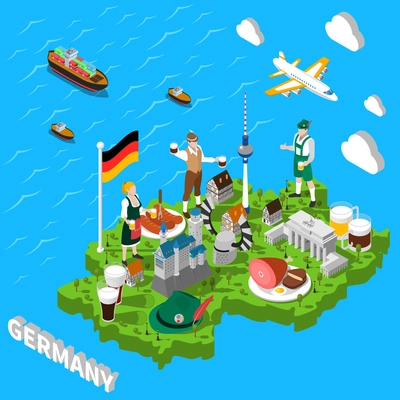 Germany isometric cultural sightseeing map for tourists with traditional national cuisine and landmarks symbols  abstract vector illustration