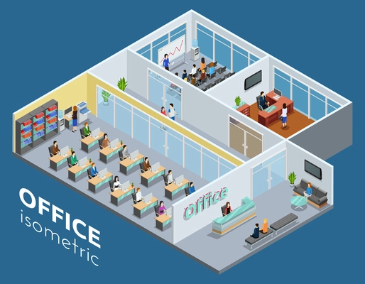 Isometric one level business office interior view with workroom reception and conference hall poster abstract vector illustration
