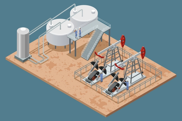 Oil production facilities and equipment isometric poster with platform refinery elements and 2 pumpjacks set vector illustration