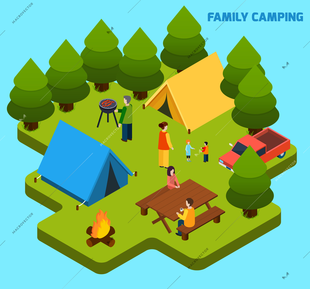 Camping and travel isometric composition with family having rest in forest on light blue background vector illustration