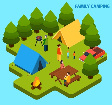 Camping and travel isometric composition with family having rest in forest on light blue background vector illustration