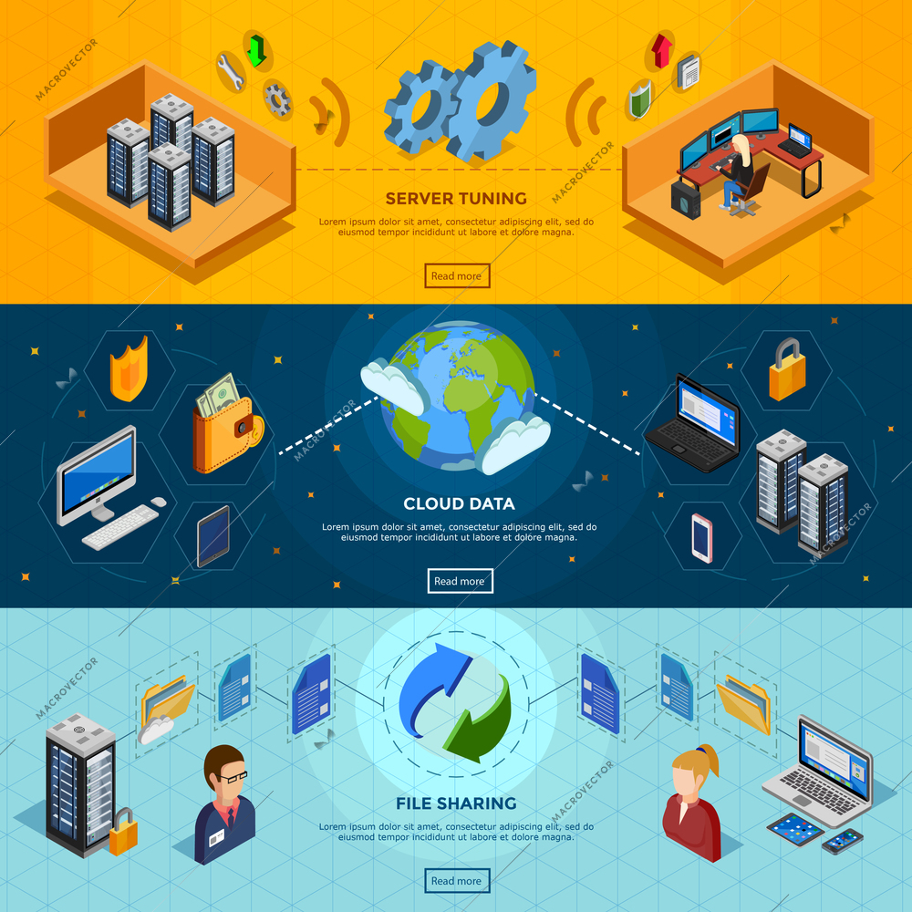 Datacenter isometric three horizontal banners with server tuning cloud data and file sharing design compositions flat vector illustration