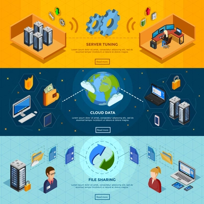 Datacenter isometric three horizontal banners with server tuning cloud data and file sharing design compositions flat vector illustration