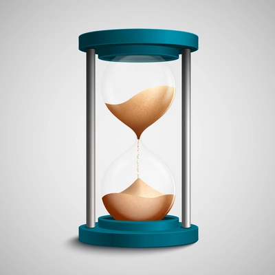 Realistic blue colored hourglass with strewing sand concept template vector illustration