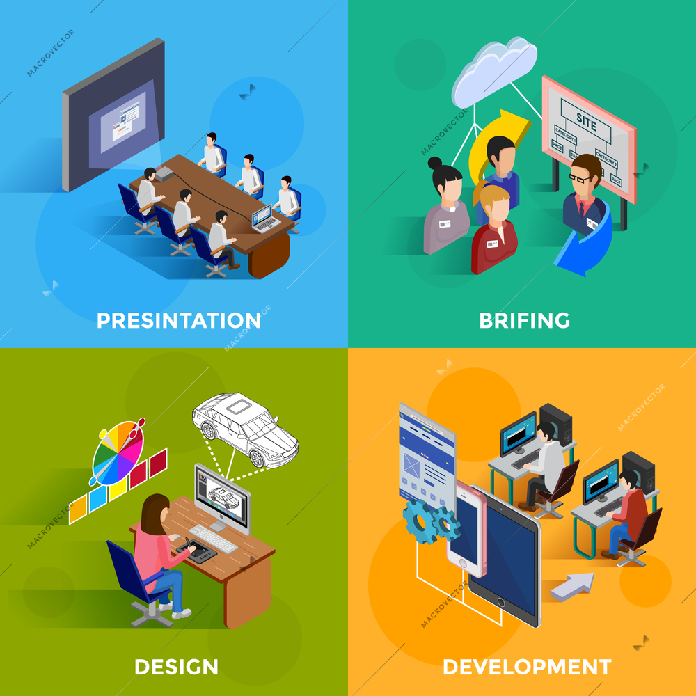 Isometric development 2x2 design concept set of designers and programmers on software presentation and new website briefing flat vector illustration