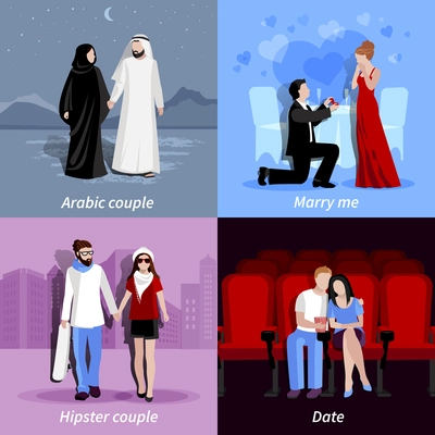 Happy couples spending time together in romantic atmosphere 2x2 flat icons set isolated vector illustration