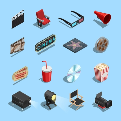 Cinema movie theater accessories and gadgets isometric icons set with projector 3d glasses and snacks isolated vector illustration