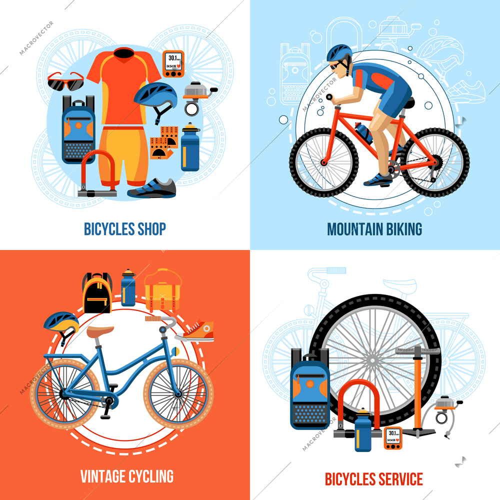 Biking 2x2 concept set of bicycle shop vintage cycling mountain biking and bicycles service design compositions vector illustration