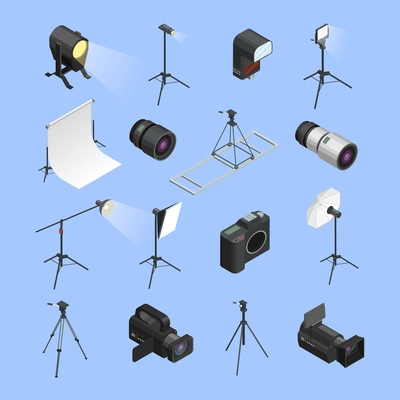 Professional photo studio equipment isometric icons set with camera portrait lens and lighting realistic isolated vector illustration