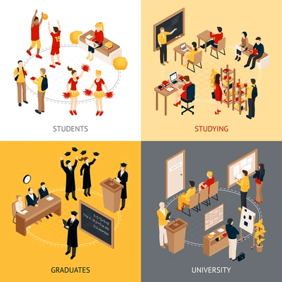 College and university isometric design concept 2x2 icons set with students in classrooms graduates and lecturers isolated vector illustration