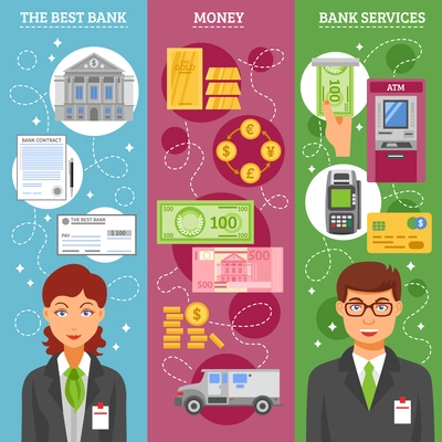 Bank services vertical banners with credit card cash money card reader pos terminal and bank employees flat icons collection vector illustration