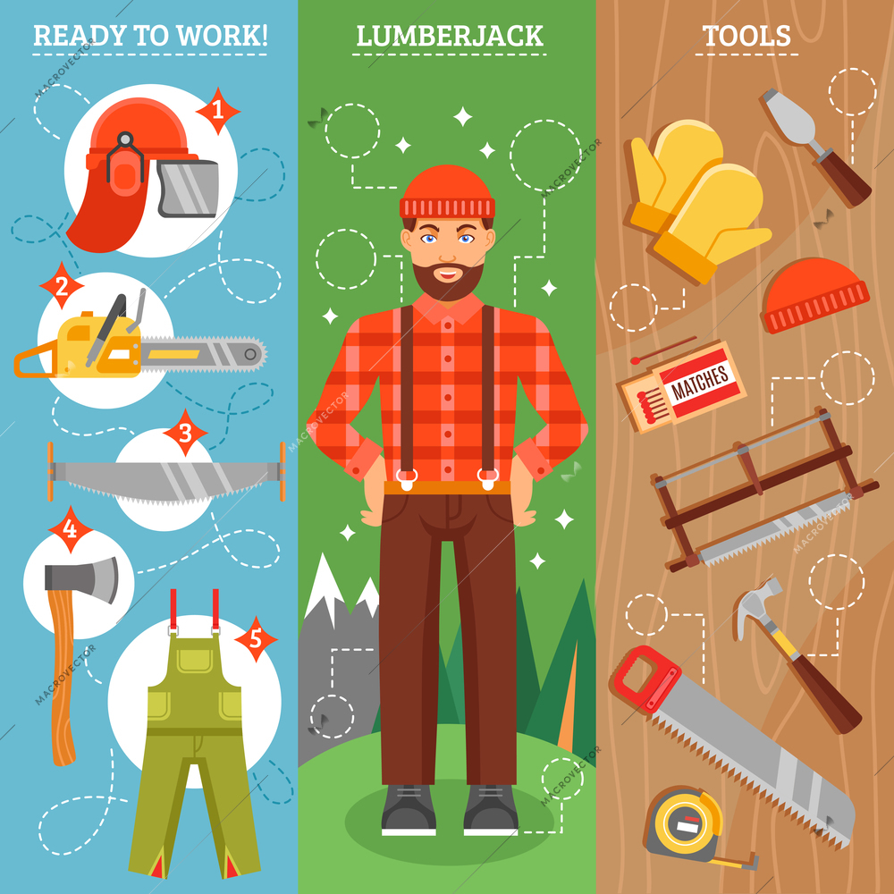 Work of lumberjack vertical banners set with forest  man with beard tools for cutting  isolated vector illustration