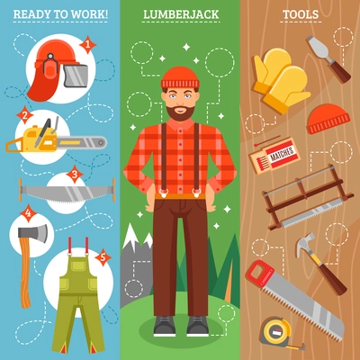 Work of lumberjack vertical banners set with forest  man with beard tools for cutting  isolated vector illustration