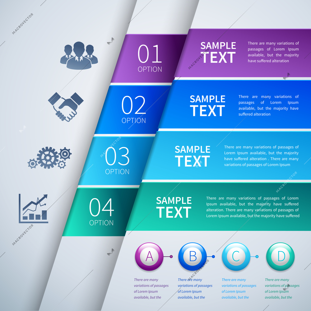 Abstract paper chart infographics layout template with choice buttons and business icons vector illustration