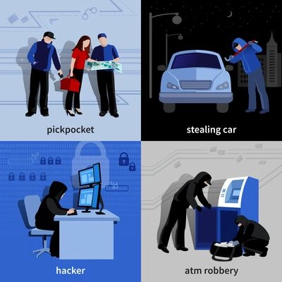 Various burglars and criminals committing crimes 2x2 flat isolated icons set vector illustration