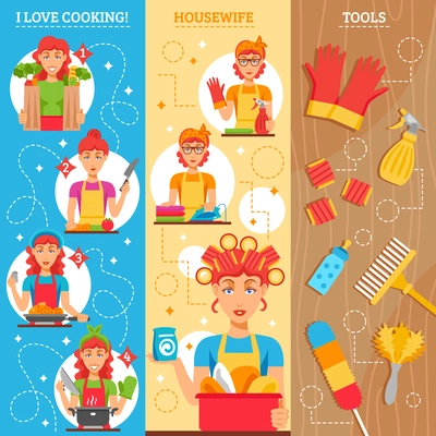 Housewife vertical banners set of female figures in home clothes household utensils and tools for cleaning vector illustration