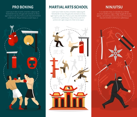 Martial arts vertical banners set with ninja edged weapon chinese temple combat training boxing isolated vector illustration