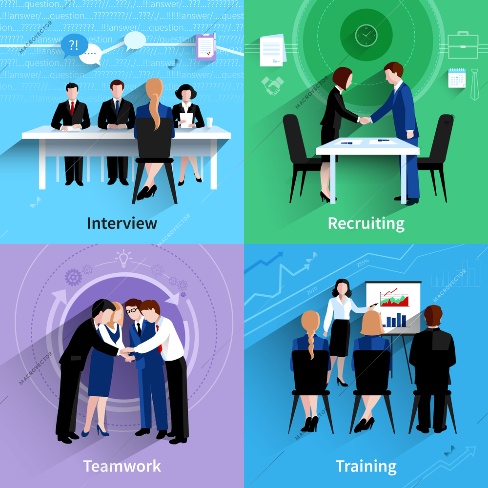 Human resources interview recruiting and teamwork training 4 flat icons square composition banner abstract  isolated vector illustration