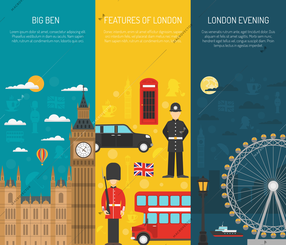 London visitors sightseeing attractions with night thames river 3 vertical flat banners set abstract isolated vector illustration