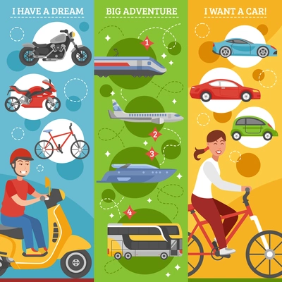 Transport dreams vertical banners set with people big journey and changing of vehicles isolated vector illustration