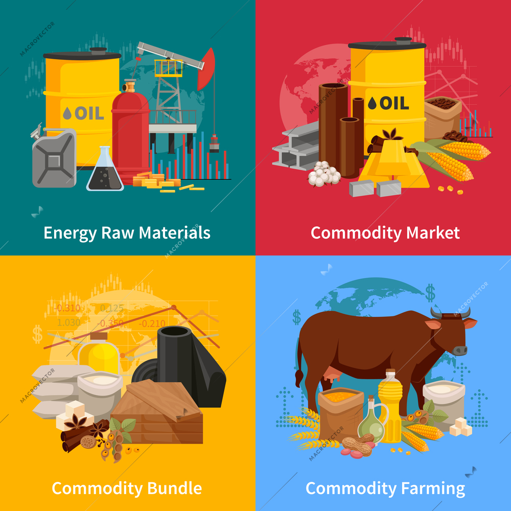 Various commodities flat 2x2 design concept with farming products and materials of industrial processing vector illustration