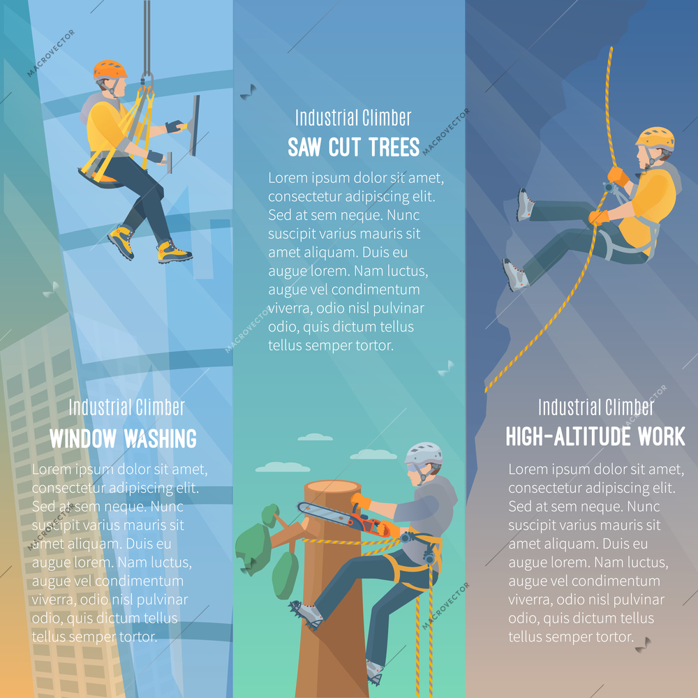 Color information vertical flat banners showing the need  for industrial climbing window washing cut trees high-altitude work vector illustration