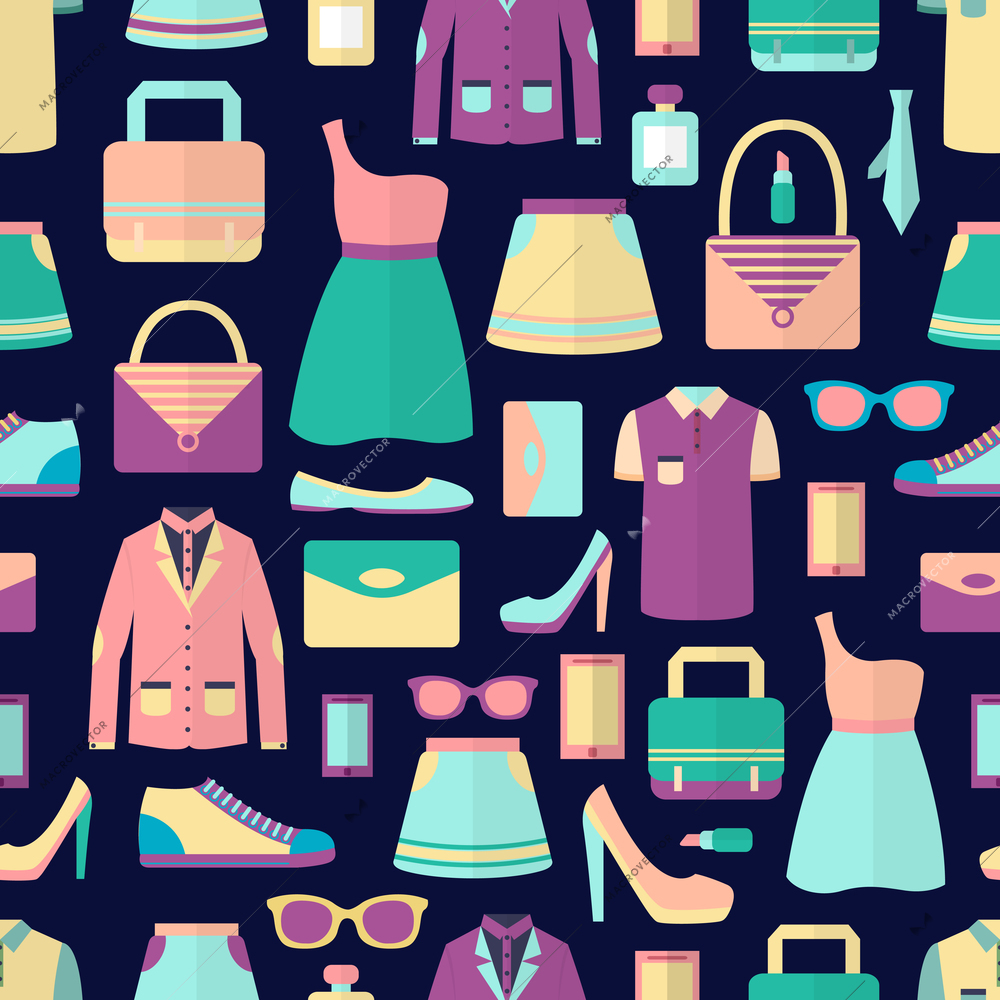 Male and female fashion stylish casual shopping accessory seamless pattern vector illustration